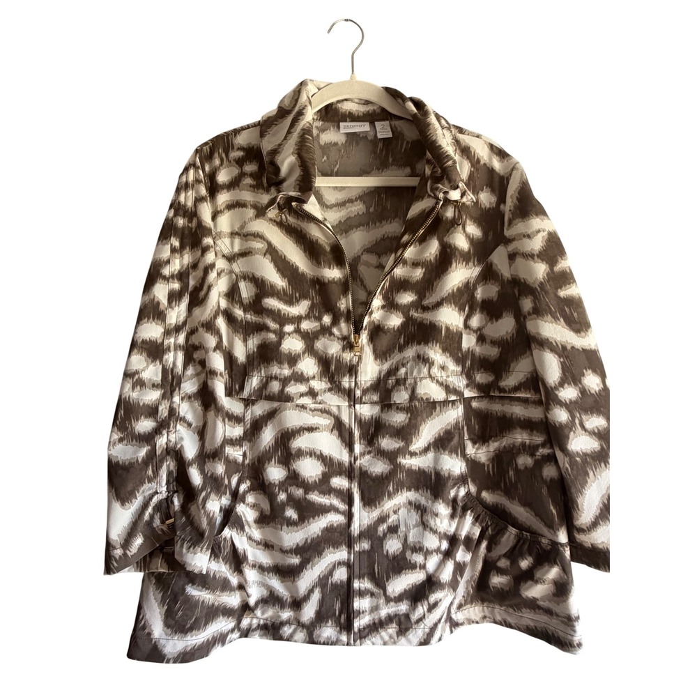 Chicos Zenergy Womens Size 2 Brown Abstract Animal Print Full Zip Jacket Coat